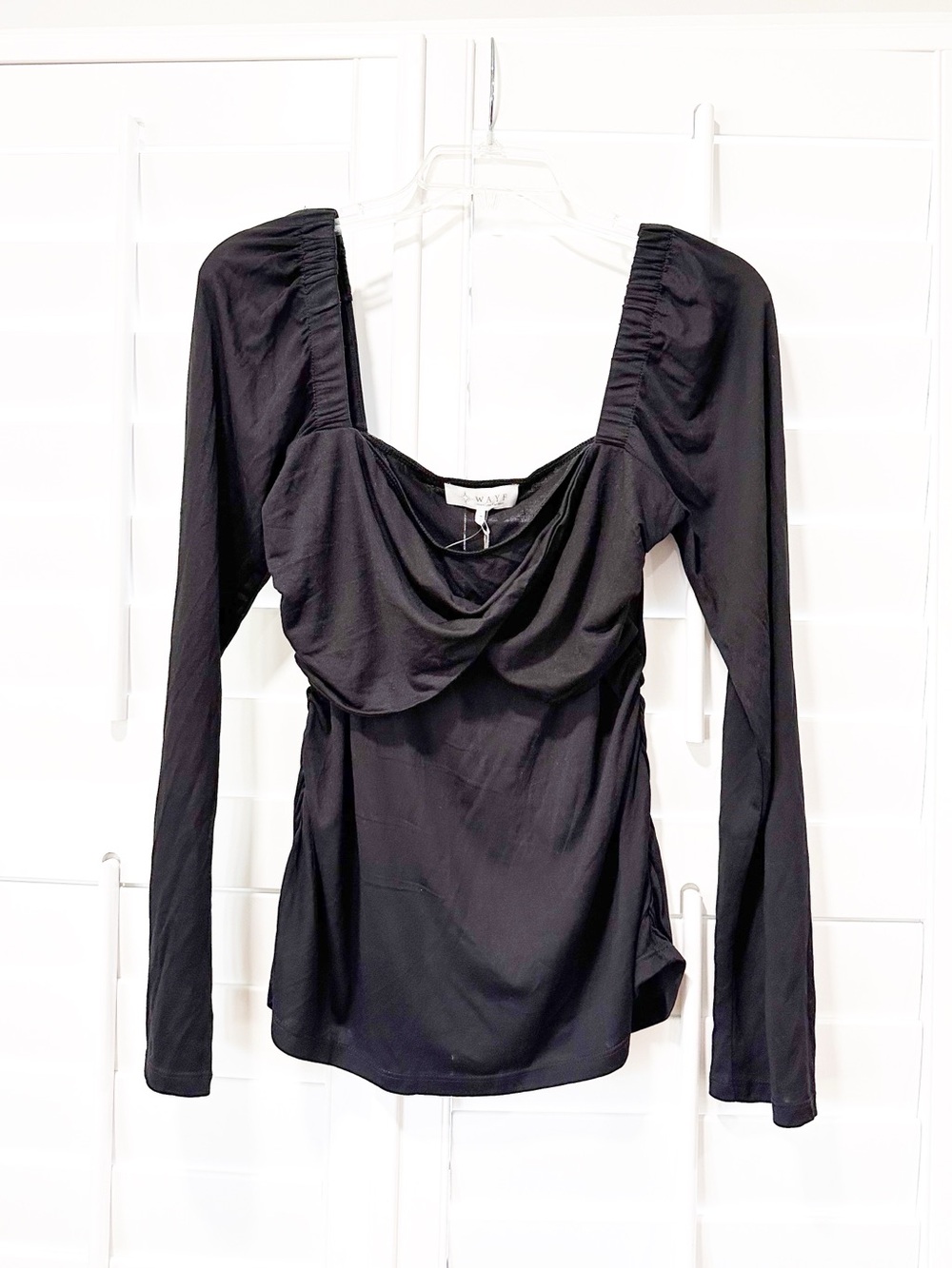WAYF Black Ruched Long Sleeve draped fold over bandeau neckline Top Large Fairy